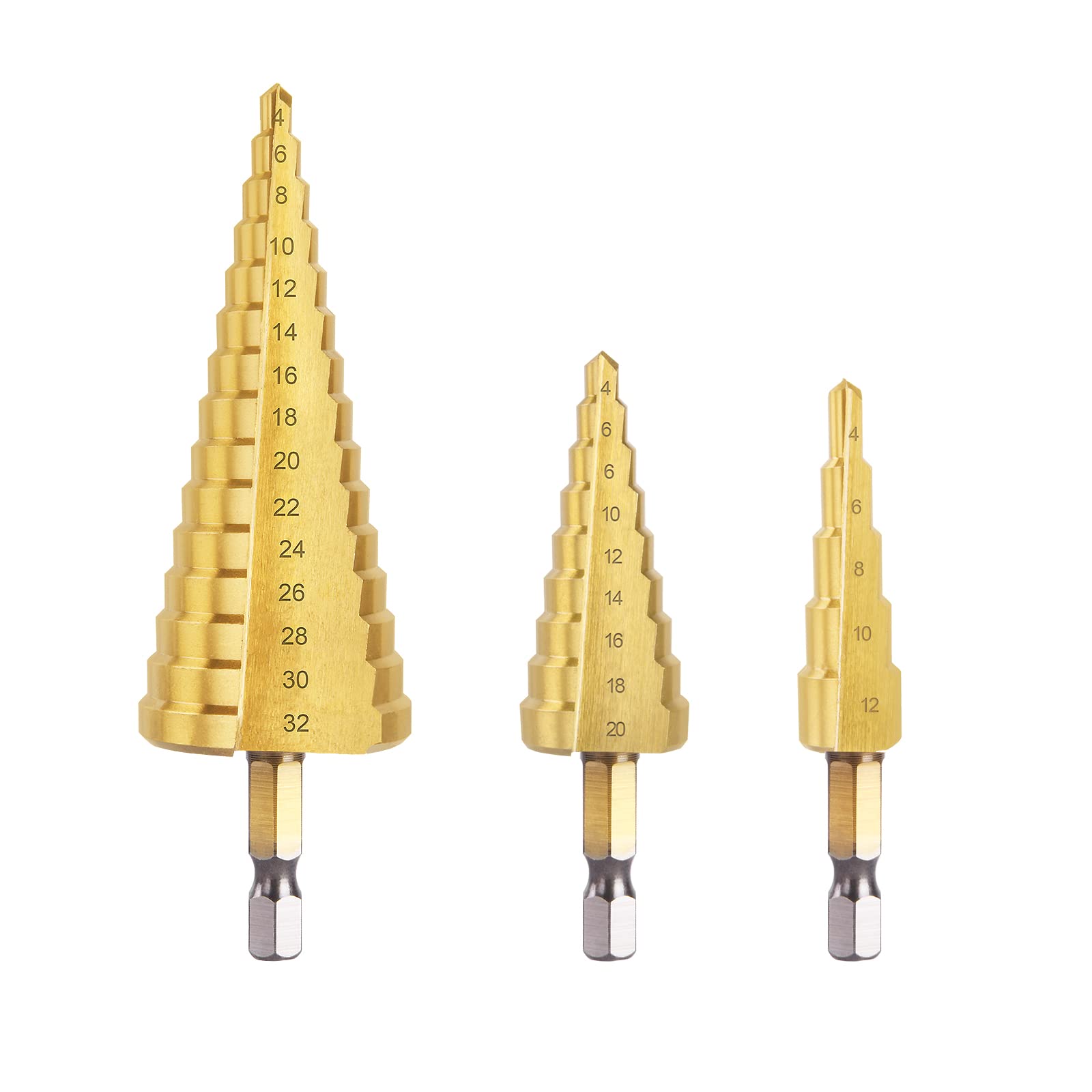 flintronic Step Drill Set, 3PCS 4mm to12 20 32mm (5/32" to 5/4") HSS Titanium Coated Double Slot Cone Cutting Drill for Plastic Wood Metal
