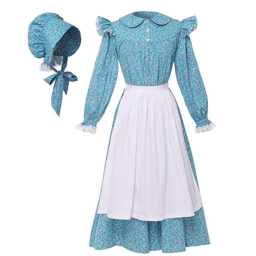 GRACEART Victorian Costume School Pioneer Colonial Outfit Prairie Dress 99.99% Cotton (US-12, Blue) — image 1