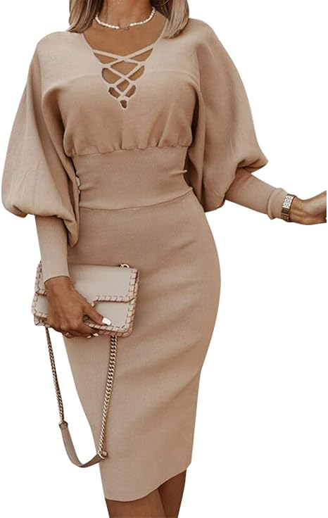 Gaweb Dress, Women Solid Color Bandage V Neck Long Puff Sleeve Bodycon