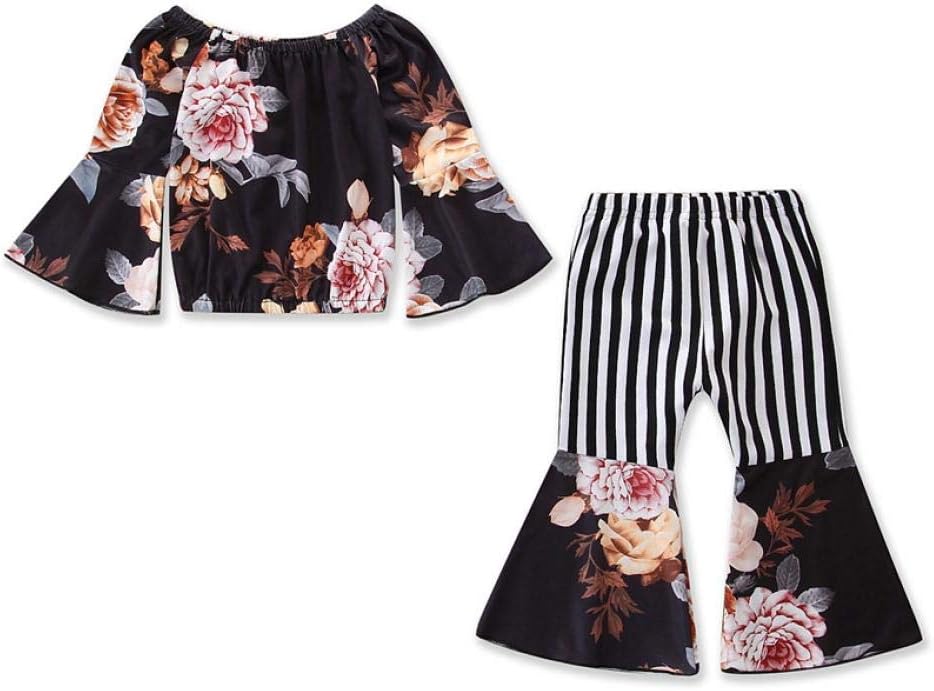 2Pcs Toddler Girl Off Shoulder Floral Crop Top + Stripe Trousers Bell Long Wide Leg Pants Outfit
