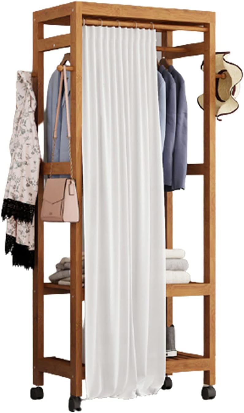 Bamboo Garment Rack, Rolling Coat Rack, with 3 Tier Storage Shelves And