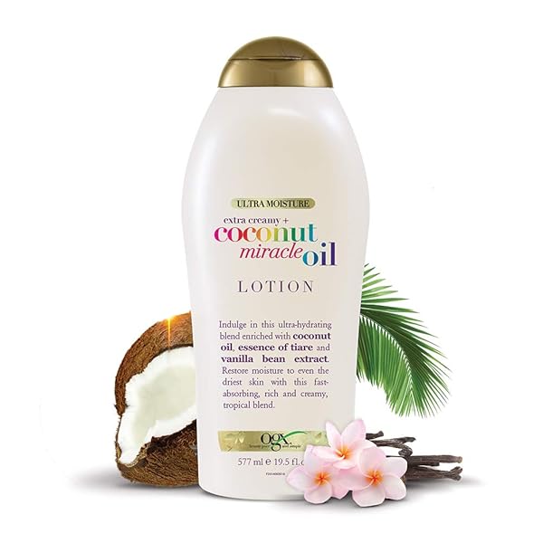 OGX EXTRA CREAMY + COCONUT MIRACLE OIL ULTRA MOISTURE BODY LOTION WITH VANILLA BEAN, FAST-ABSORBING BODY LOTION FOR ALL SKIN TYPES, PARABEN-FREE AND SULFATED-SURFACTANTS FREE, 19.5 OUNCE