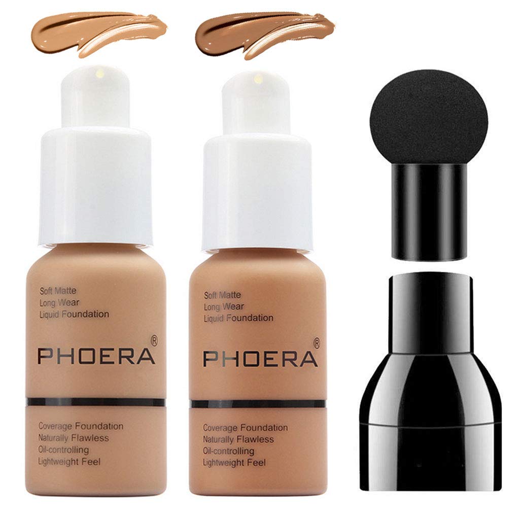 PHOERA Foundation Makeup Set, Firstfly Matte Oil Control Concealer Foundation Cream, Long Lasting Waterproof Matte Liquid Foundation with Mushroon Head(105&107)