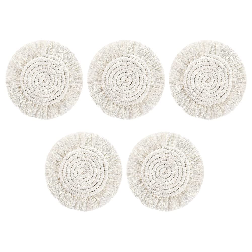 Geieold 5Piece Macrame Handmade Cotton Coasters Woven Coaster for, Boho Coaster Set with Tassels Heat