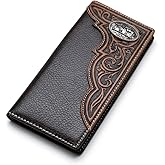 Western Stakes Men’s Long Leather Wallet – Tooled Inlay with Cowboy Praying at Cross Concho – Christian Western Bifold Checkbook Wallet for Cowboys, Ranchers & Faith Gifts