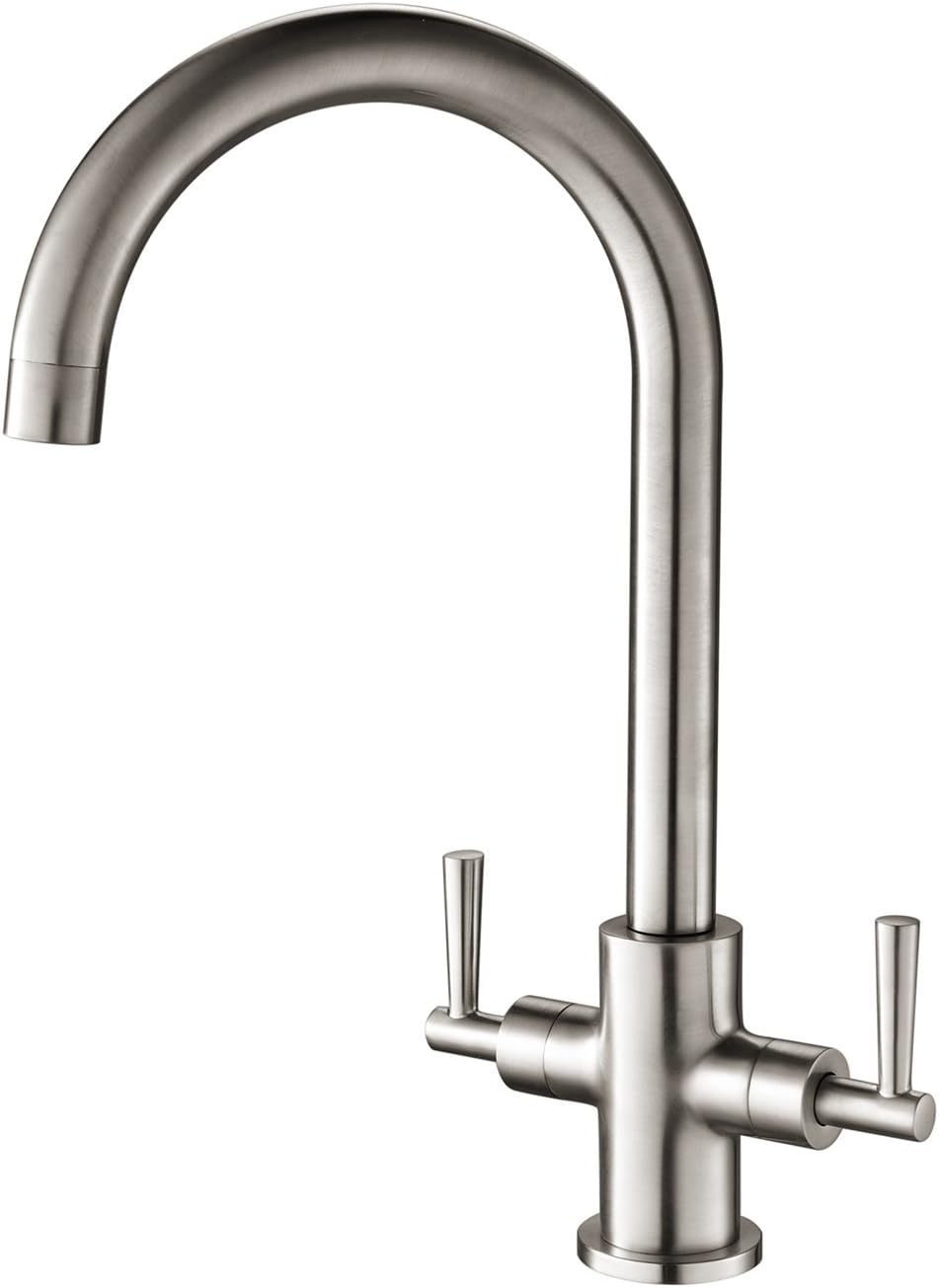 Hapilife Brushed Nickel Kitchen Tap Twin Lever Monobloc Swivel Spout