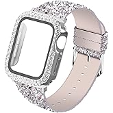 Wolait Leather Compatible with Apple Watch Bands for Women 46mm 45mm 44mm 40mm 42mm 41mm 38mm, Glitter Sparkly iWatch Bands with Bling Diamond Screen Protector Case for Apple Watch Series 11-1