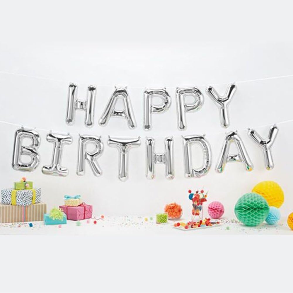 Ruimeier Hanging Silver Happy Birthday Balloons Banner Alphabet Letters Aluminum Film Balloon for Birthday Party Independence Day Decoration 16 Inch BA016S