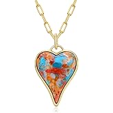 AIBAO Long Heart Necklaces for Women Rhodium plated Sterling Silver Paperclip Chain Necklace Turquoise/Coral/Malachite Pendant Western Jewelry