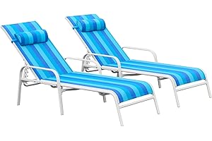 EROMMY Outdoor Chaise Lounge Chair Set of 2 with Adjustable Backrest, All-Weather Textiline Recliner Chairs with Steel Frame and Ergonomic Armrest, for Outside Patio Beach, Yard and Pool(Blue)