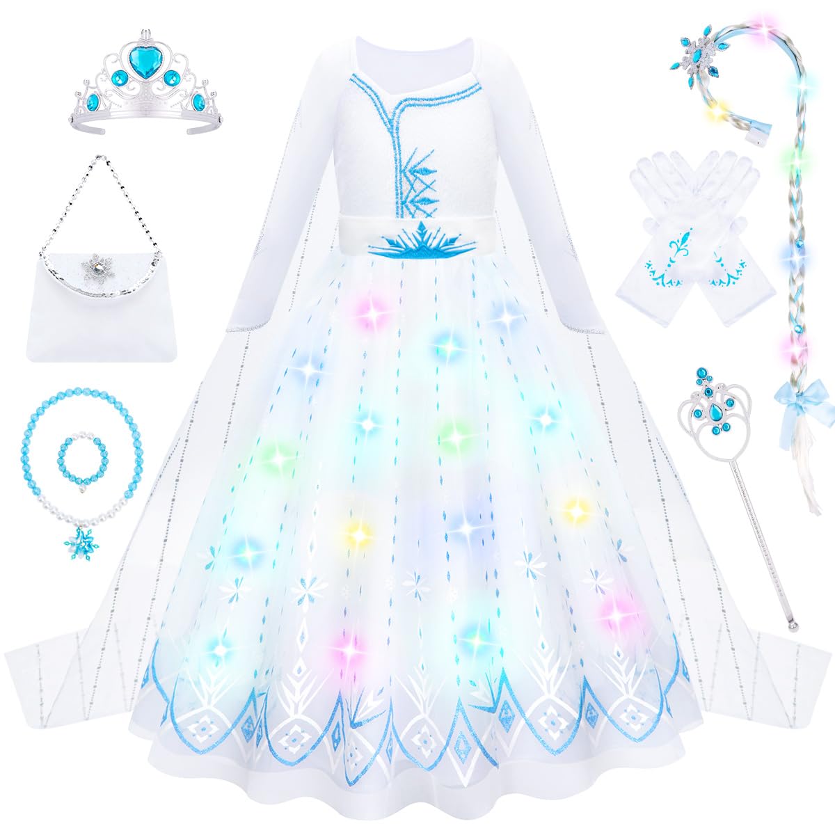 Meland Princess Dress Up for Girls 3-10 - Dress Up Clothes for Kids Pretend Play, Light Up Halloween Costume for Girls(L,7-8 Years)