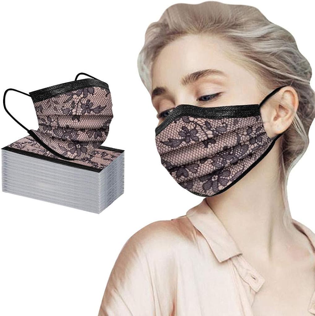 JSPOYOU 50PC Adult Fashion Lace Disposable Protection Three Layer Breathable Face: Clothing