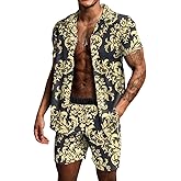 BUYJYA Men's Flower Shirt Short 2 Piece Hawaiian Sets Casual Button Down Floral Tracksuit Beach Outfit