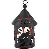 Primitives by Kathy Decorative Lantern, Flying Witches, from Our Halloween Collection, Vintage Lantern Design, Cutouts of Witches Flying on Brooms with Bats Including a Happy Halloween Sentiment