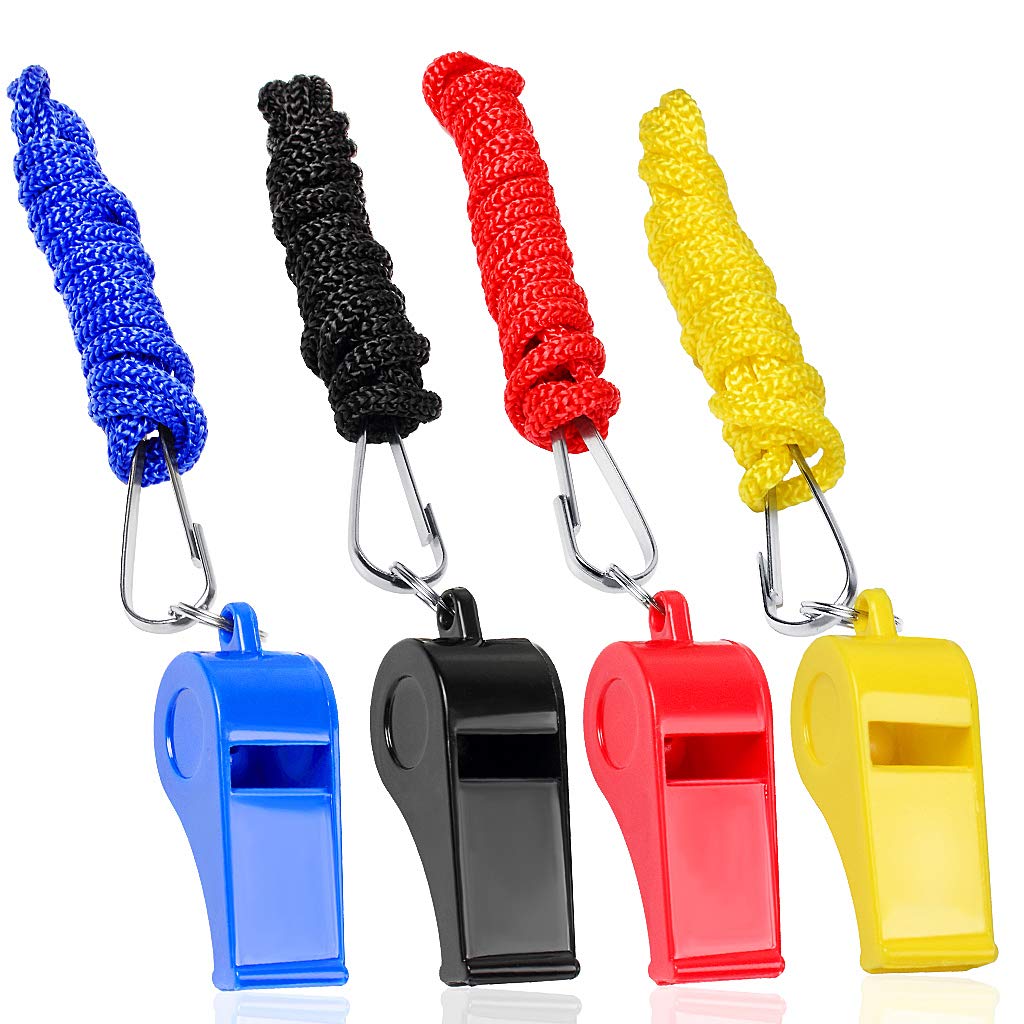 4 Packs Plastic Whistles With Lanyard Set For Coach Referee Sports Match Survival Emergency 4 Colors Black Blue Yellow Red