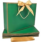 TKSBAG 12PCS Gift Bags Medium Size with Handles, 12.5 x 9.8 x 4.3 In Green Gold Thank You Bags with Bow Ribbon for Wedding, Birthday, bridesmaid, Party Favors, Thanksgiving, Christmas