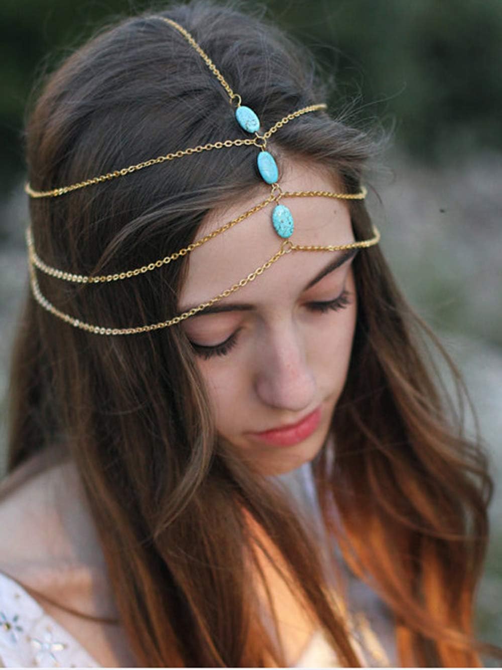 DoubleNine Bohemian Bridal Headpiece Turquoise Pendant Gold Forhead Tassels Gypsy Head Chain Headband Retro Hair Accessories Headpiece Godness Head Dress for Women Girls