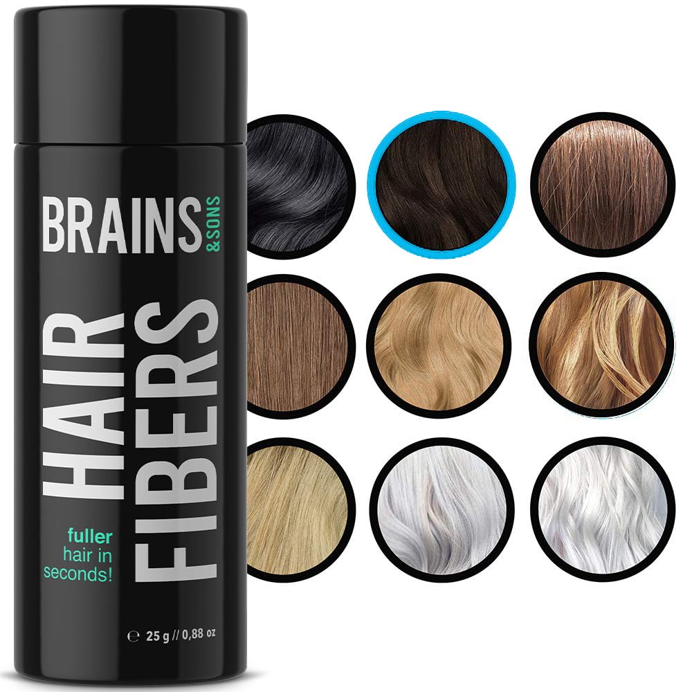 Brains & Son Hair Fiber - Premium Hair Thickener – Immediately Conceals Receding Hairlines, Hair Loss, Balding Areas and Thinning Hair – Undetectable Keratin Fibers - Hair Powder | 25g (DARK BROWN)