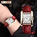 Women Rectangle Watch Waterproof Rose Gold Tone White Dial Wristwatch Roman Numeral With Red Leather Band