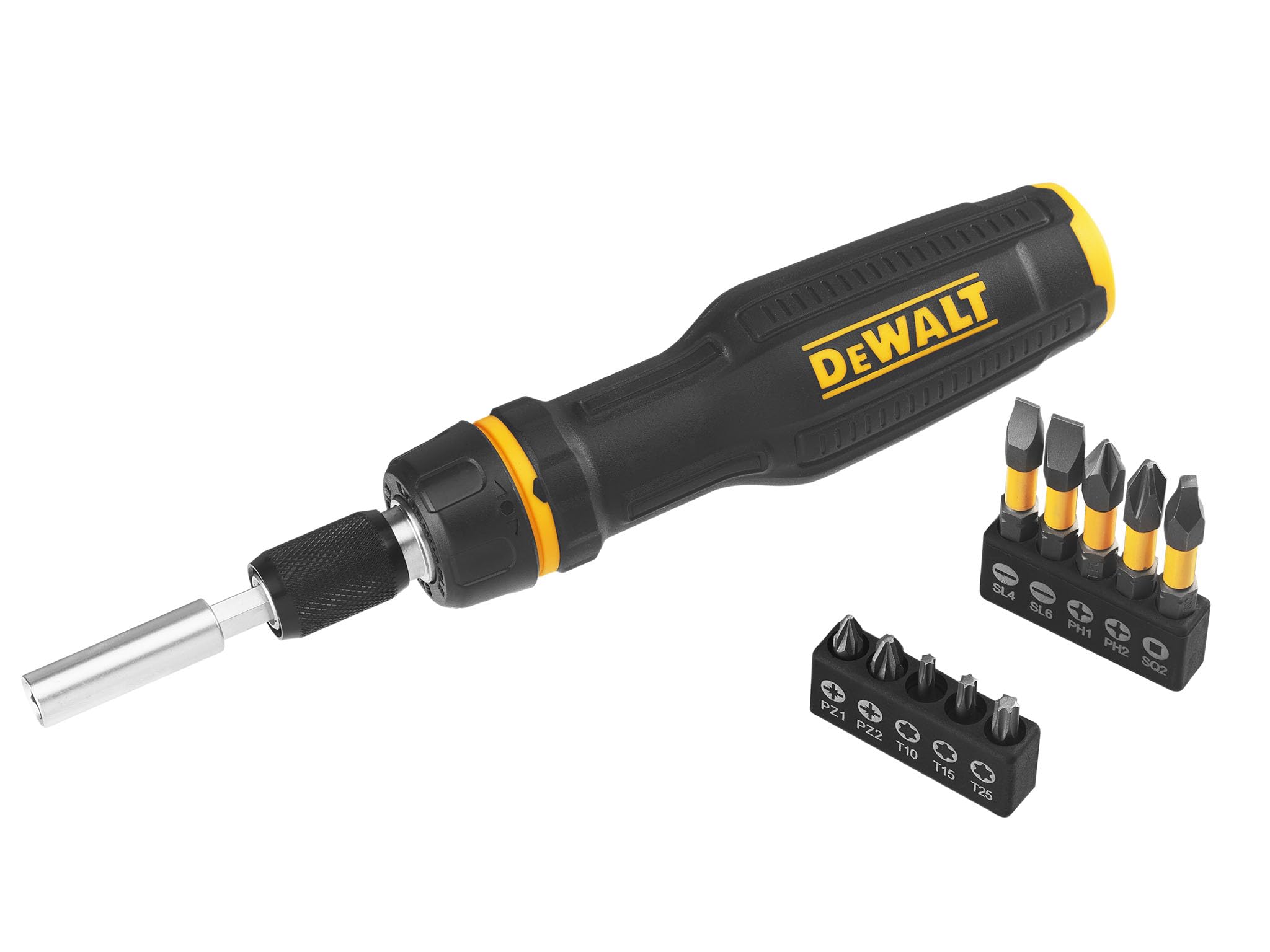 Dewalt Full Fit Telescoping Multi-bit Ratcheting Screwdriver + 10 Bits, Contains 5 x 25mm Bits: PH1, PH2, SL4, SL6 & SQ2, 5 x 50mm Bits: PH1, PH2, SL4, SL6 & SQ2.