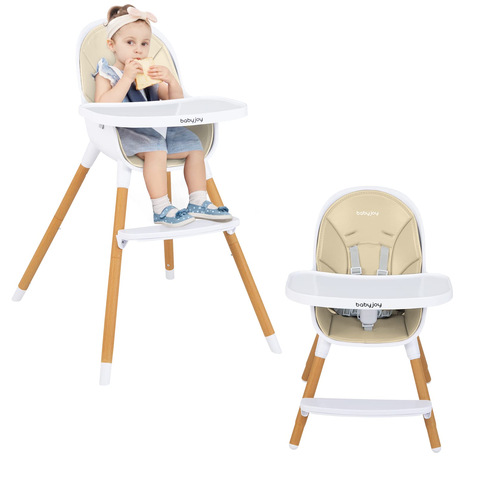 Photo 1 of **ONLY THE CHAIR, NOT THE BASE.**BABY JOY Convertible Baby High Chair, 3 in 1 Wooden Highchair/Booster/Chair with Removable Tray, Adjustable Legs, 5-Point Harness, PU Cushion and Footrest for Baby, Infants, Toddlers (Beige)