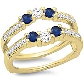Dazzlingrock Collection 14K Solid Gold Round Cut Blue Sapphire & White Diamond Womens Wedding Band 3 Stone Enhancer Guard Double Ring
