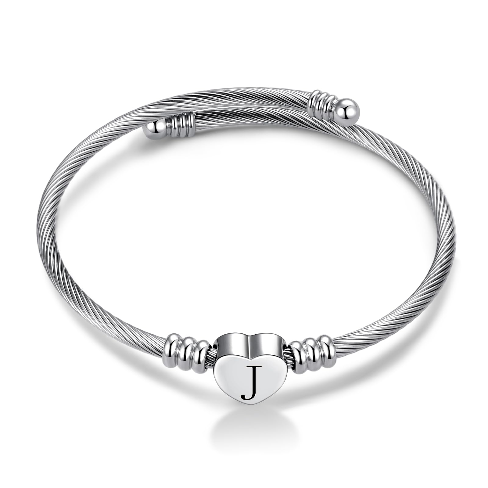 FGT J Initial Love Heart Letter Cuff Bangle Bracelets for Women Name Family Birthday Christmas Stainless Steel Alphabet Silver