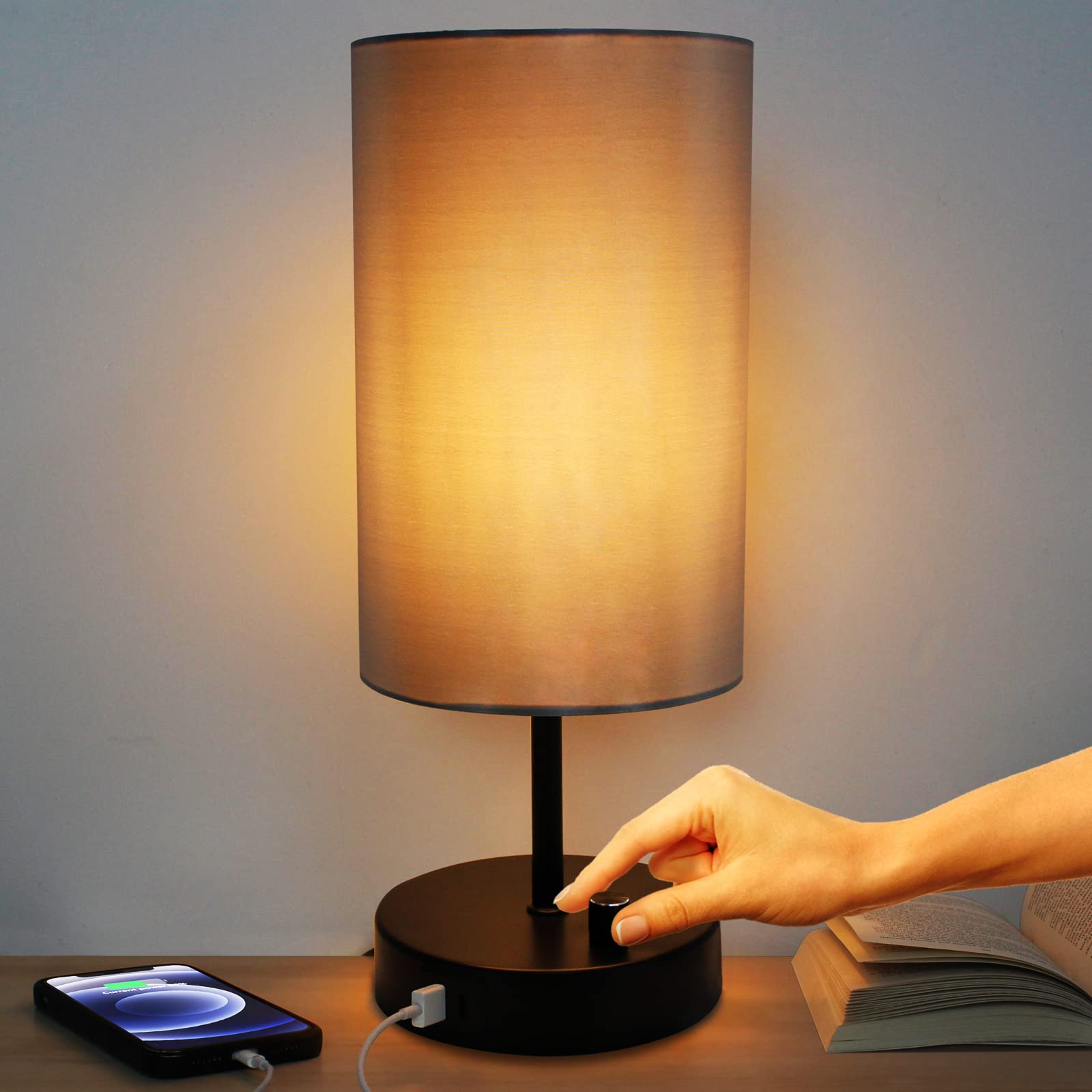 Allesgute 45cm Table Lamp, Modern Bedside Lamps with USB A + C Charging Ports, Fully Dimmable Bedside Table Light E27, Small Desk Lights for Bedroom, Nightstand, Office (Bulb Included)