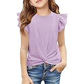 Haloumoning Girls T Shirts Ruffle Sleeve Twist Front Tshirts Summer Casual Crewneck Tees Tops 5-14 Years