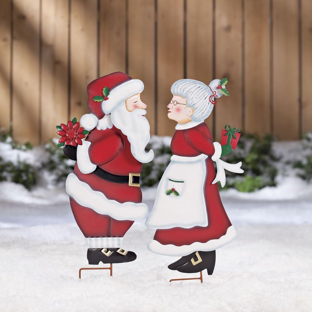 Decorative Garden Stakes - Kissing Santa & Mrs. Claus Stake by Maple Lane Creations, Christmas Holiday Lawn Décor, Set of 2 Garden Stakes