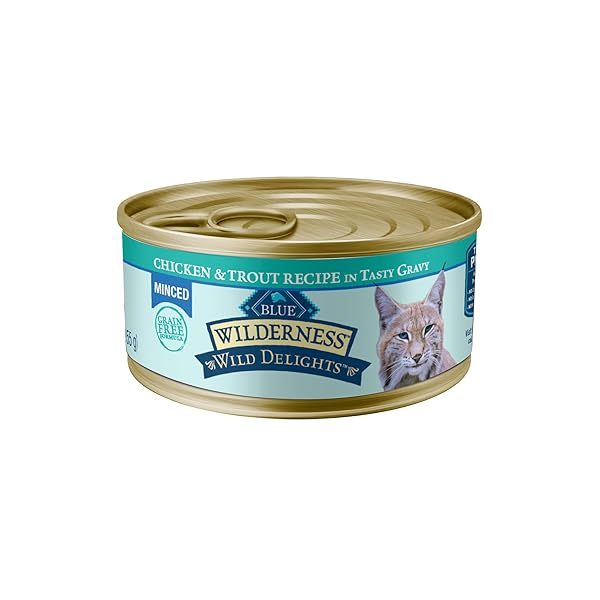 BLUE BUFFALO WILDERNESS WILD DELIGHTS MINCED WET CAT FOOD, HIGH-PROTEIN & GRAIN-FREE, MADE WITH NATURAL INGREDIENTS, CHICKEN & TROUT RECIPE IN TASTY GRAVY, 5.5-OZ. CANS (24 COUNT)