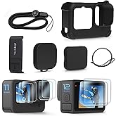 FitStill Black Silicone Sleeve Protective Case for Go Pro Hero 12/11/10/9 Black,Battery Side Cover&Lens Caps&6PCS Screen Prot