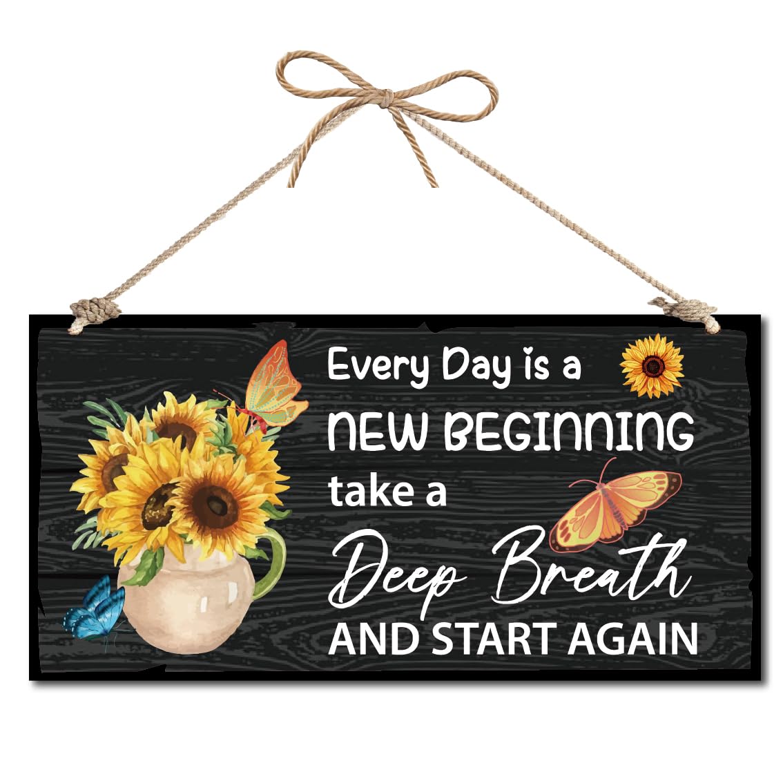 CREATCABIN Summer Hanging Sign Sunflower Wood Hanging Door Sign Front Door Decor Garden Plaque Rustic Vintage Wall Decoration Gift for Family Friends 6x12 Inch Every Day Is A New Beginning