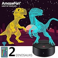 Dinosaur Night Light for Kids - 3D Dinosaur Lamp 16 Colors Optical Illusion Touch & Remote Control with 2 Acrylic Flats Best Christmas Birthday New Year Gifts for Boys Girls Kids Baby (2 Dinosaurs)