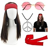 MOVINPE Hippie Accessories for Men - Hippie Wig Sunglasses Hippie Peace Necklace -Halloween Costume 70s Disco Style 60s Outfit 80s Fancy Dress 80s Night - Retro Men Women