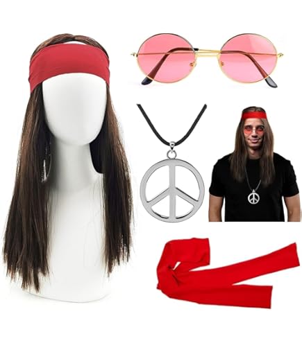 MXTIMWAN 4 Pièces Ensemble Costume Hippie Années 70 80 - Perruque, Lunettes, Bandeau, Collier Paix Pour Carnaval Collier Paix Lunettes Soleil