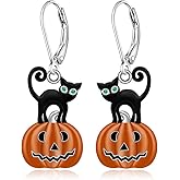 Halloween Gifts for Women Halloween Earrings for Women Pumpkin Black Cat Earrings Sterling Silver Cat Pumpkin Earring Dangle Leverback Lover Gifts