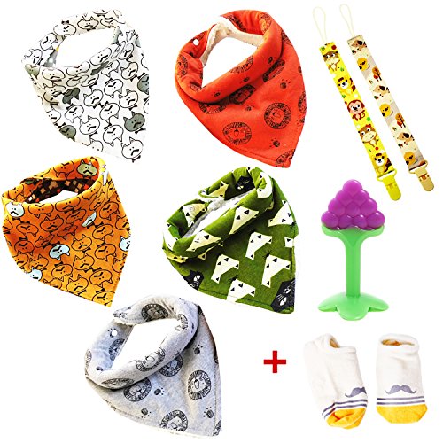 Premium Baby Bandana Drool Bibs for Girls and Boys 10-Pack Gift Set for Drooling and Teething,Baby Pacifier Clips+Baby Anti Slip Socks+Baby Natural Teething Toy+E-Book!