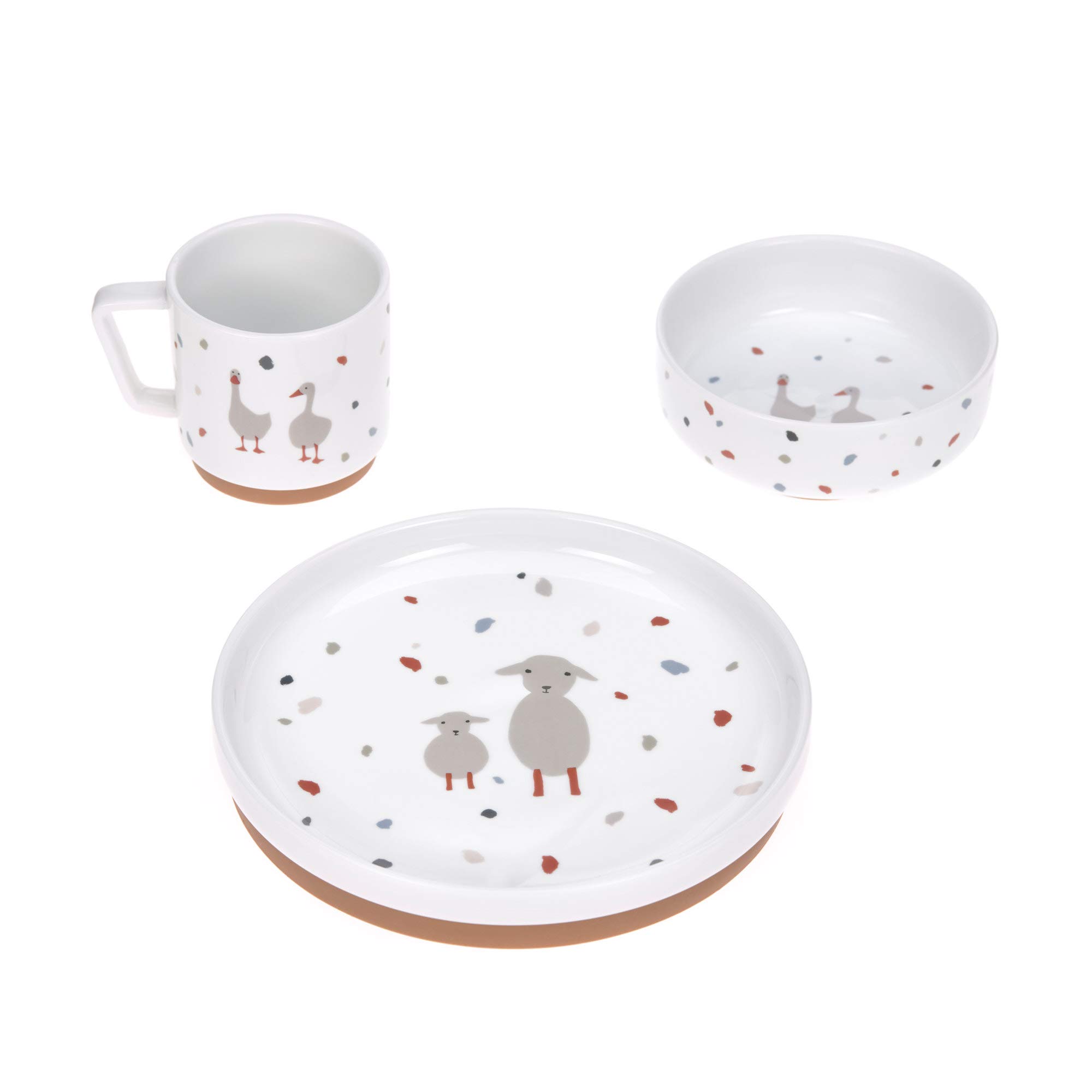 LÄSSIG Tableware set porcelain children's tableware set plate bowl cup with silicone ring non-slip children's tableware/ Tiny Farmer Sheep/Goose