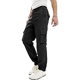 PLEPAN Mens Casual Straight Leg Stretch Cargo Pants Lightweight Relaxed Fit Drawstring Elastic Waist Pants with Multi Pockets