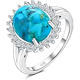 AIBAO Real Turquoise/Malachite Rings for Women Oval Engagement Halo Ring Sterling Silver Boho Rings Princess Diana Kate Gemstone Rings Size 6 to 10