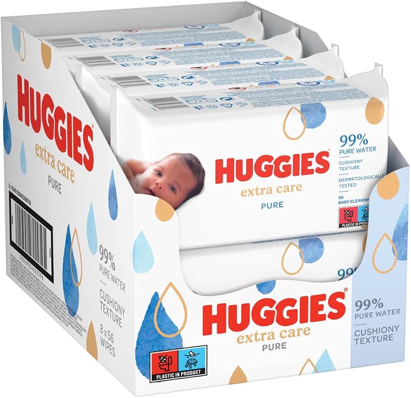 Huggies Pure Extra Care Wipes 8 Pack (448 Wipes) - Fragrance Free