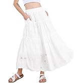 chouyatou Women's Lace Embroidery Eyelet Boho Skirt High Elastic Waisted Flowy Swing Midi Long Skirt