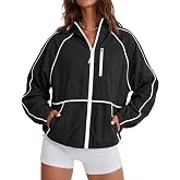 Fisoew Womens Athletic Jackets Lightweight Workout Running Hooded Jacket | Zip Up, Side Pockets, Hiking, Active, Windbreaker, Outdoor, All Season, Casual, Street, Trendy, Fall, Sun Protection