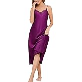 Vlazom Women's Satin Nightgowns Sexy Lingerie Long Nightgowns Satin Silk Negligee V Neck Lace Chemise Sleepwear S-XXL