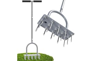 TOPHDY Lawn Aerator Spike Tool - Manual Grass Aerator with 15 Iron Spikes, Pre-Assembled Yard Aerator for Core Aeration, Dethatching, Heavy Duty T-Handle & Wide Foot Plate for Lawn Yard & Garden (Grey)