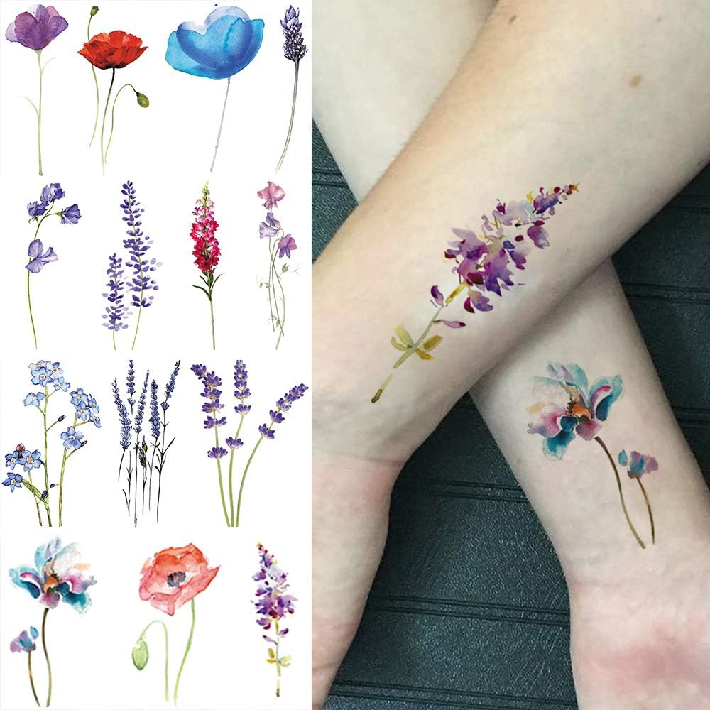 COKTAK 12 Sheets Watercolor Purple Violet Lavender Temporary Tattoos For  Women Tiny Wild Plant Sweet Pea Morning Glory Flowers Fake Tattoos  Temporary For Girl Kids Hand Face Ankle Neck Tatoos Stickers – BigaMart, image size:1000x1000
