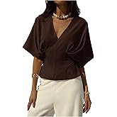 GORGLITTER Women's Tie Back Wrap Tops Dolman Sleeve V Neck Business Casual Dressy Blouse Shirts