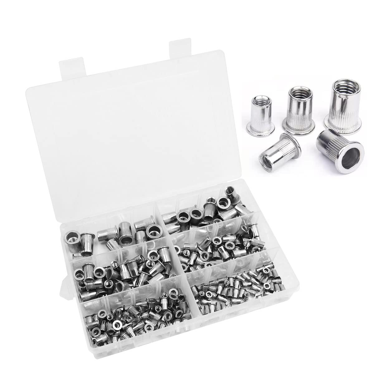 225 Pieces NUZAMAS 304 M3-M10 Stainless Steel Rivet Nut Tool Flat Head Thread Rivet Nutsert Cap Assortment Kit M3 M4 M5 M6 M8 M10 Types Nuts