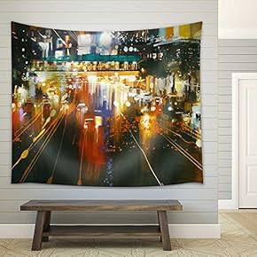 Painting of Car Headlights and Taillights on a City Street at Night - Fabric Wall Tapestry Home Decor - 51x60 inches